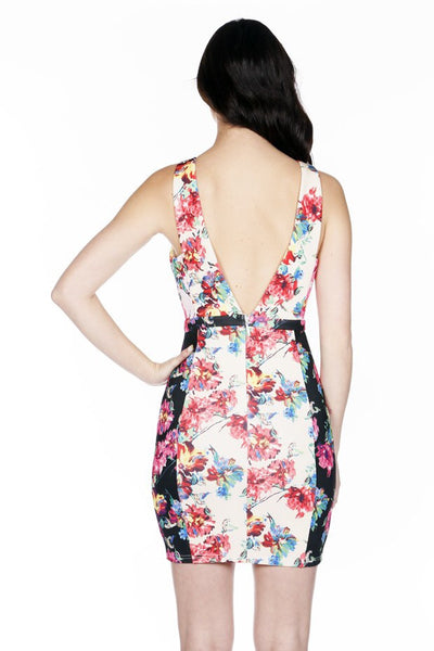 Naughty Grl Flirty Floral V-Back Bodycon Dress - Fuchsia - NaughtyGrl