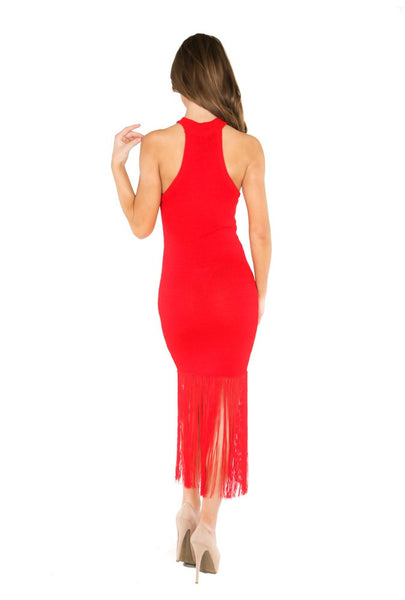Naughty Grl Sexy Halter Maxi Dress With Fringe - Red - NaughtyGrl